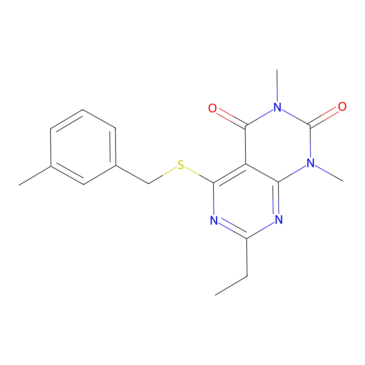 7-Ethyl-1,3-dimethyl-5-[(3-methylphenyl)methylsulfanyl]pyrimido[4,5-d]pyrimidine-2,4-dione molecular structure, CAS 852170-43-5