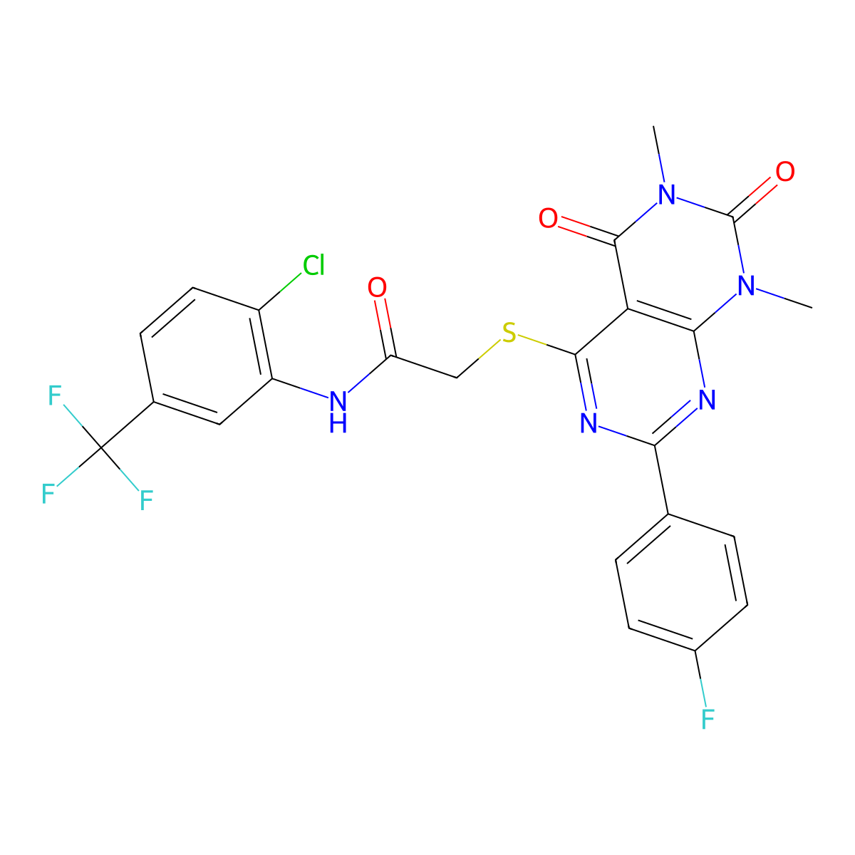 N-(2-chloro-5-(trifluoromethyl)phenyl)-2-((2-(4-fluorophenyl)-6,8-dimethyl-5,7-dioxo-5,6,7,8-tetrahydropyrimido[4,5-d]pyrimidin-4-yl)thio)acetamide molecular structure, CAS 852170-44-6