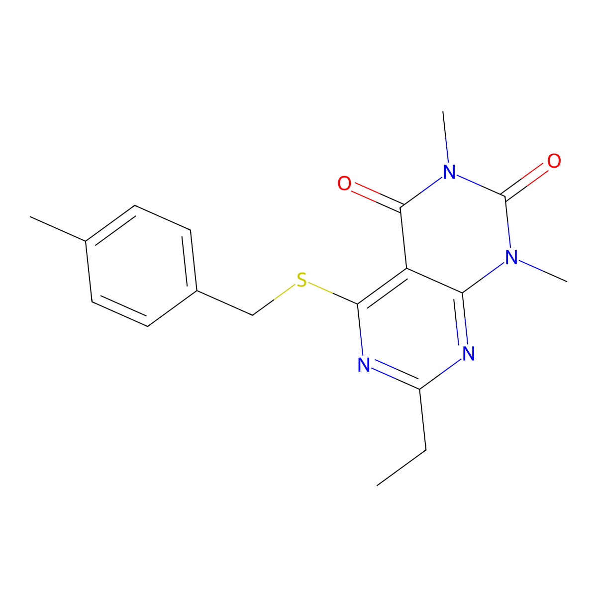 7-ethyl-1,3-dimethyl-5-((4-methylbenzyl)thio)pyrimido[4,5-d]pyrimidine-2,4(1H,3H)-dione molecular structure, CAS 852170-47-9