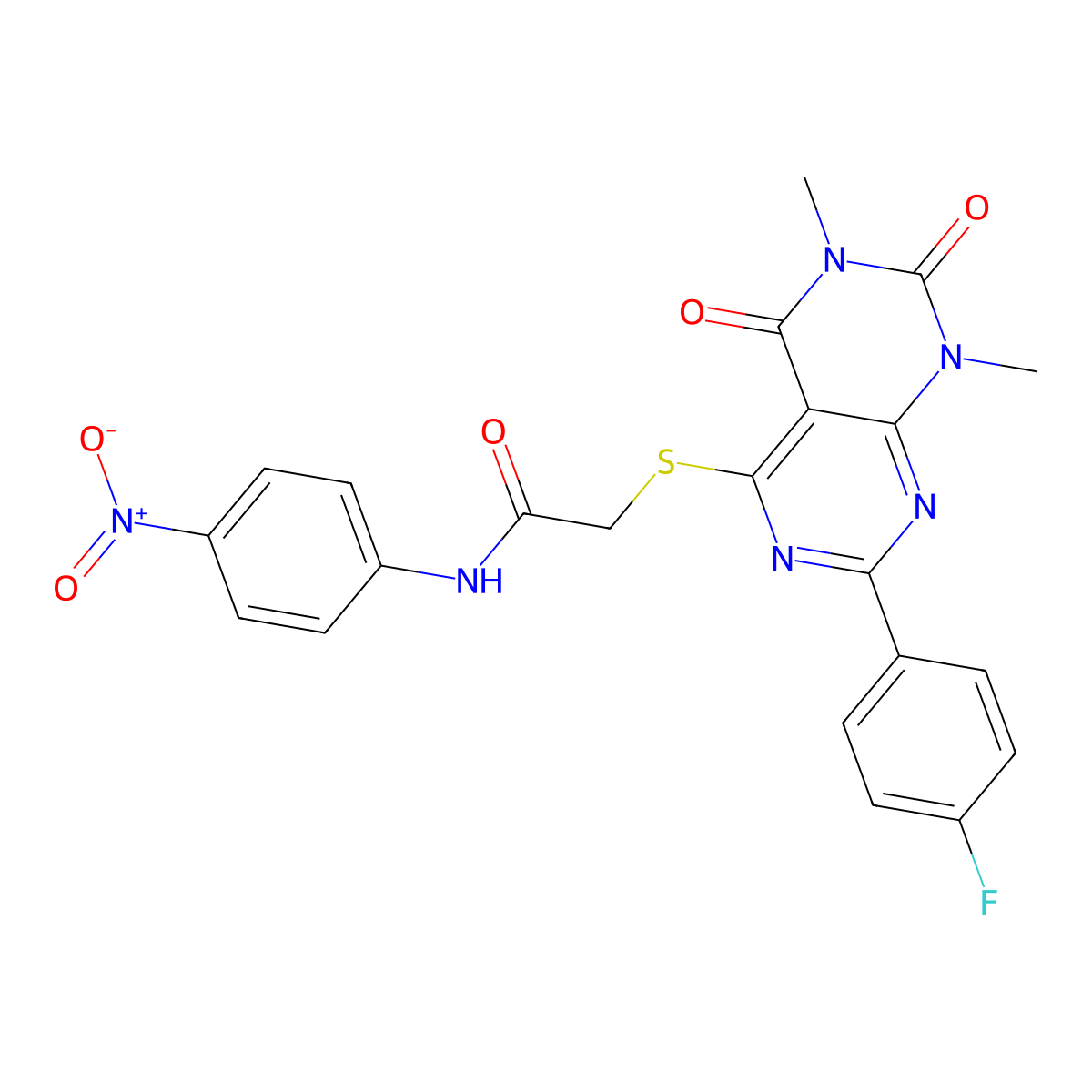 2-[7-(4-fluorophenyl)-1,3-dimethyl-2,4-dioxopyrimido[4,5-d]pyrimidin-5-yl]sulfanyl-N-(4-nitrophenyl)acetamide molecular structure, CAS 852170-48-0