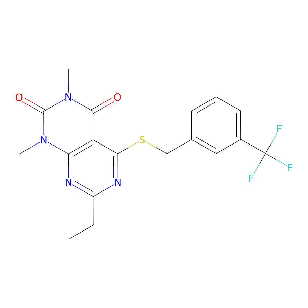 7-ethyl-1,3-dimethyl-5-((3-(trifluoromethyl)benzyl)thio)pyrimido[4,5-d]pyrimidine-2,4(1H,3H)-dione molecular structure, CAS 852170-49-1