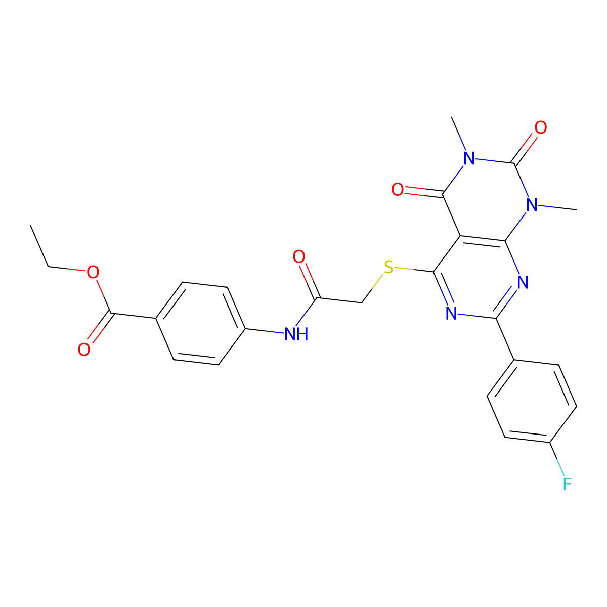 Ethyl 4-(2-((2-(4-fluorophenyl)-6,8-dimethyl-5,7-dioxo-5,6,7,8-tetrahydropyrimido[4,5-d]pyrimidin-4-yl)thio)acetamido)benzoate molecular structure, CAS 852170-50-4