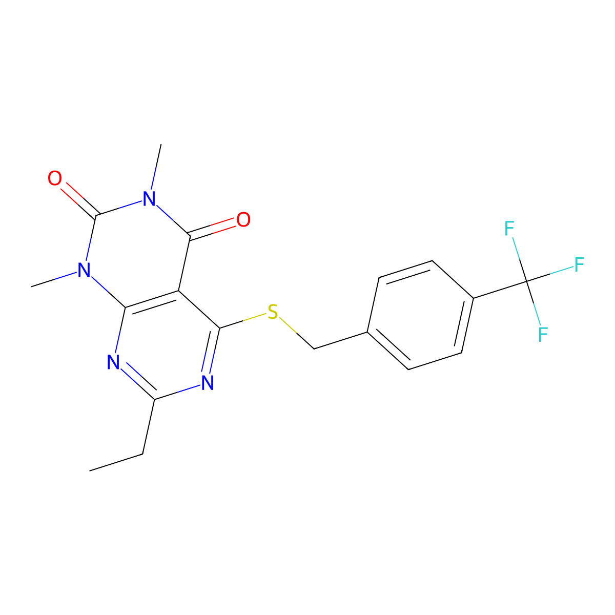 7-ethyl-1,3-dimethyl-5-((4-(trifluoromethyl)benzyl)thio)pyrimido[4,5-d]pyrimidine-2,4(1H,3H)-dione molecular structure, CAS 852170-51-5