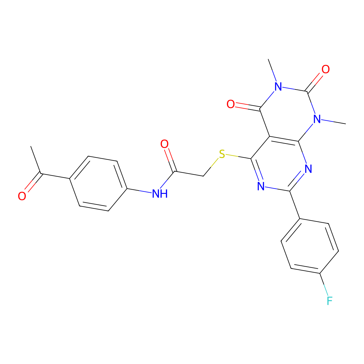 N-(4-acetylphenyl)-2-((2-(4-fluorophenyl)-6,8-dimethyl-5,7-dioxo-5,6,7,8-tetrahydropyrimido[4,5-d]pyrimidin-4-yl)thio)acetamide molecular structure, CAS 852170-52-6