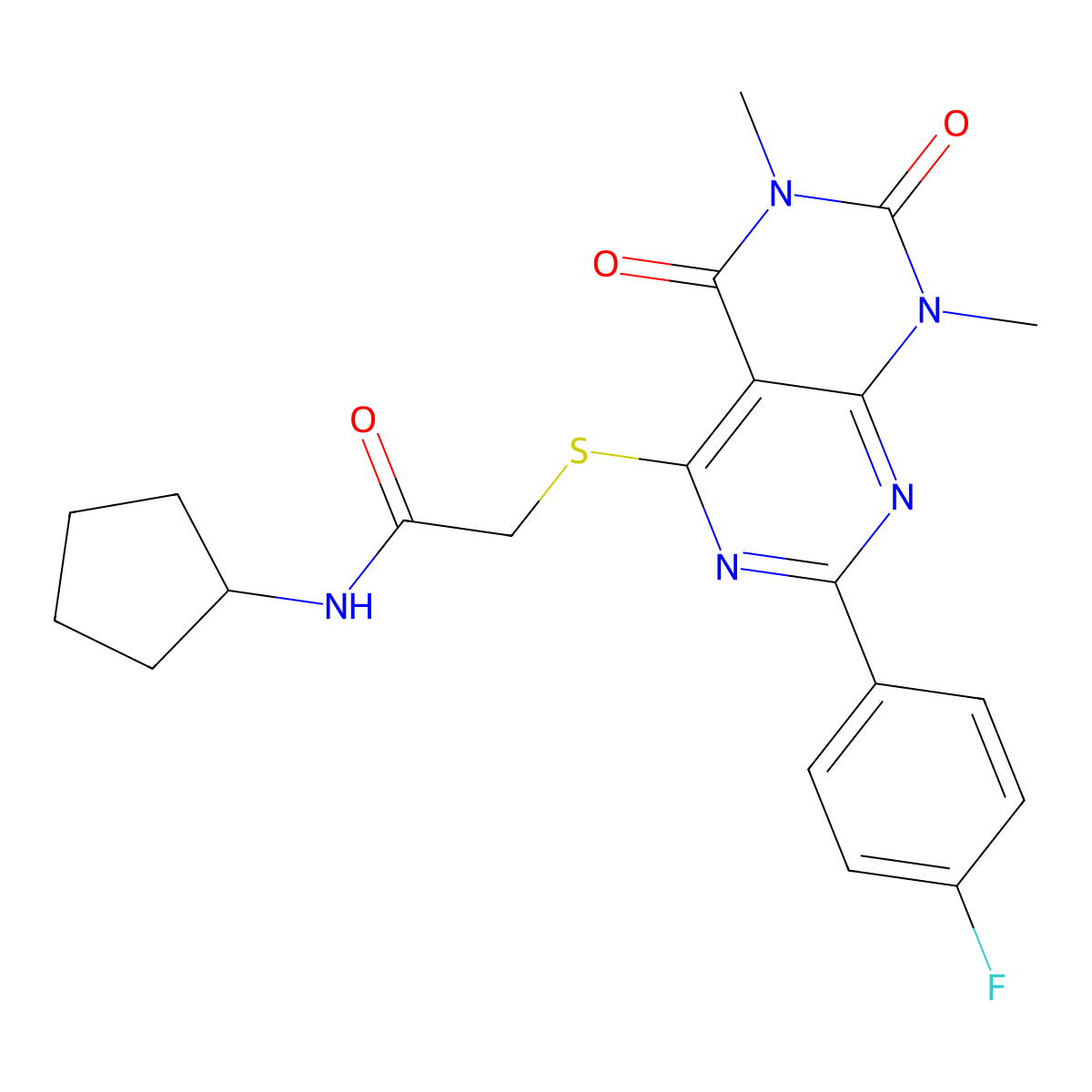 N-cyclopentyl-2-((2-(4-fluorophenyl)-6,8-dimethyl-5,7-dioxo-5,6,7,8-tetrahydropyrimido[4,5-d]pyrimidin-4-yl)thio)acetamide molecular structure, CAS 852170-54-8