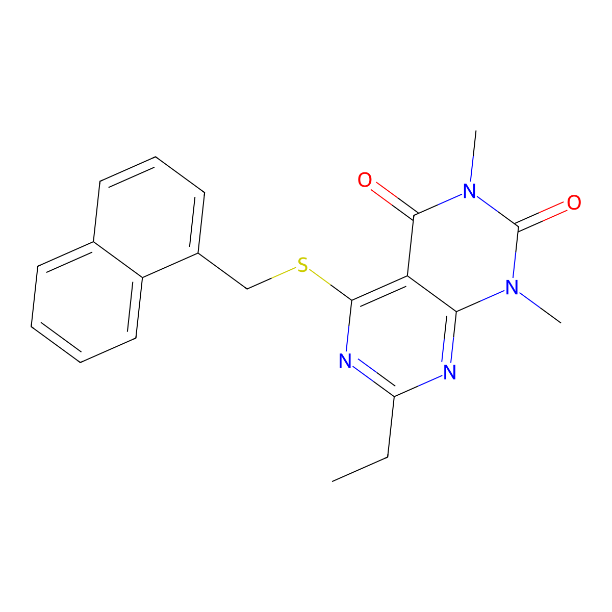 7-ethyl-1,3-dimethyl-5-((naphthalen-1-ylmethyl)thio)pyrimido[4,5-d]pyrimidine-2,4(1H,3H)-dione molecular structure, CAS 852170-55-9