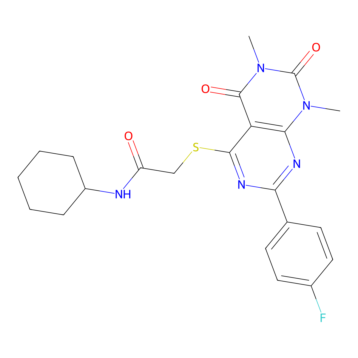 N-cyclohexyl-2-((2-(4-fluorophenyl)-6,8-dimethyl-5,7-dioxo-5,6,7,8-tetrahydropyrimido[4,5-d]pyrimidin-4-yl)thio)acetamide molecular structure, CAS 852170-56-0