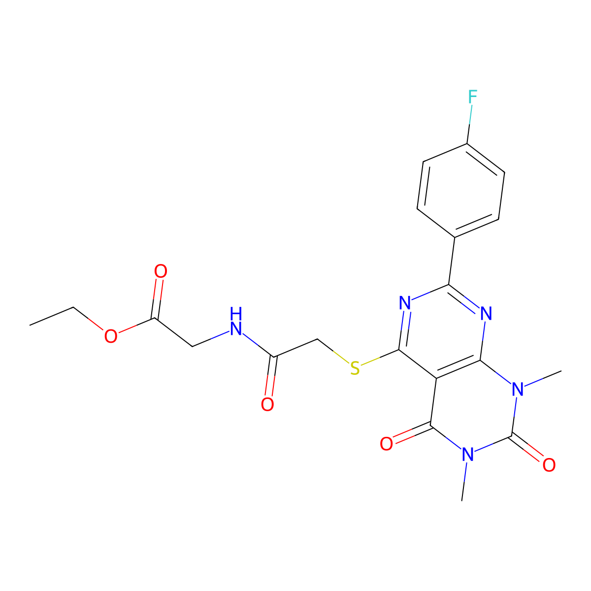 Ethyl 2-(2-((2-(4-fluorophenyl)-6,8-dimethyl-5,7-dioxo-5,6,7,8-tetrahydropyrimido[4,5-d]pyrimidin-4-yl)thio)acetamido)acetate molecular structure, CAS 852170-58-2