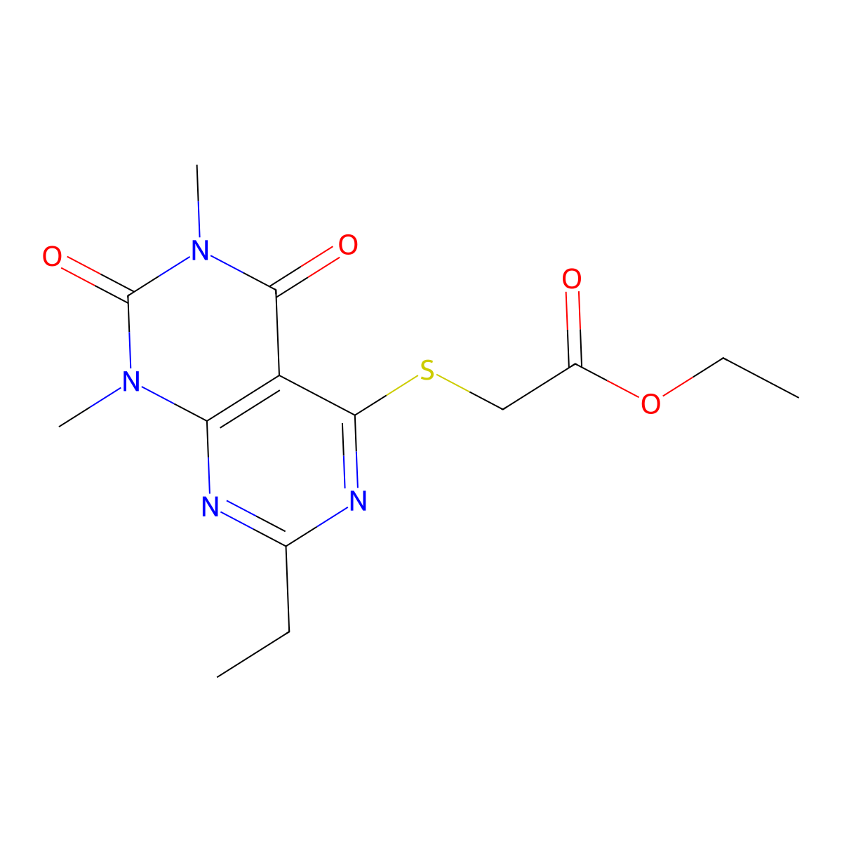 Ethyl 2-(7-ethyl-1,3-dimethyl-2,4-dioxopyrimido[4,5-d]pyrimidin-5-yl)sulfanylacetate molecular structure, CAS 852170-59-3