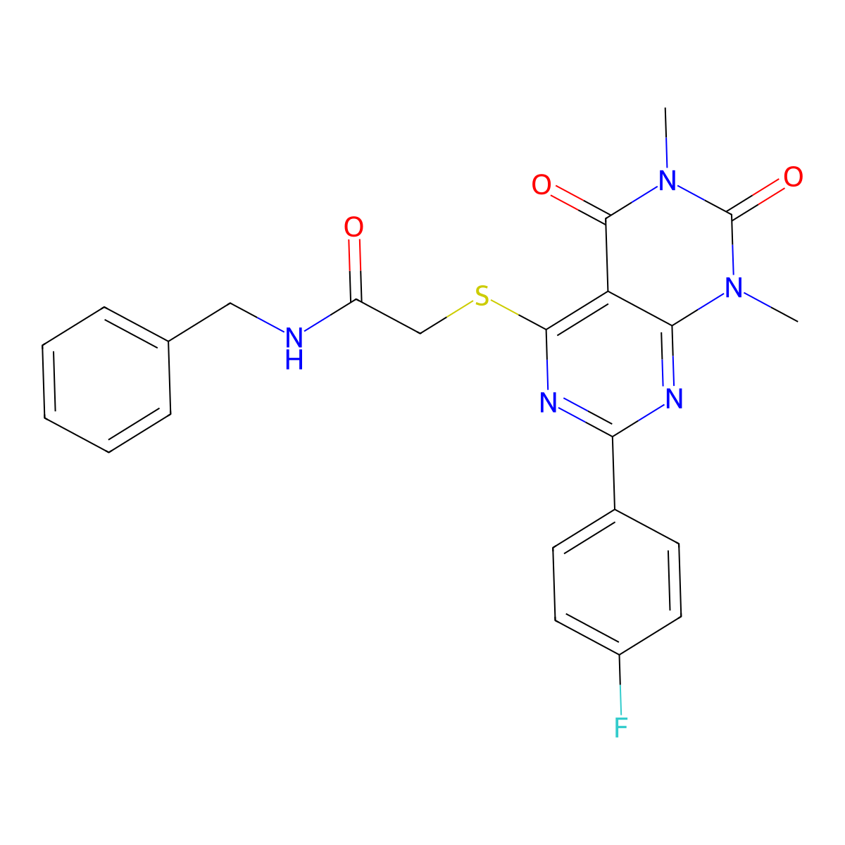 N-benzyl-2-((2-(4-fluorophenyl)-6,8-dimethyl-5,7-dioxo-5,6,7,8-tetrahydropyrimido[4,5-d]pyrimidin-4-yl)thio)acetamide molecular structure, CAS 852170-60-6