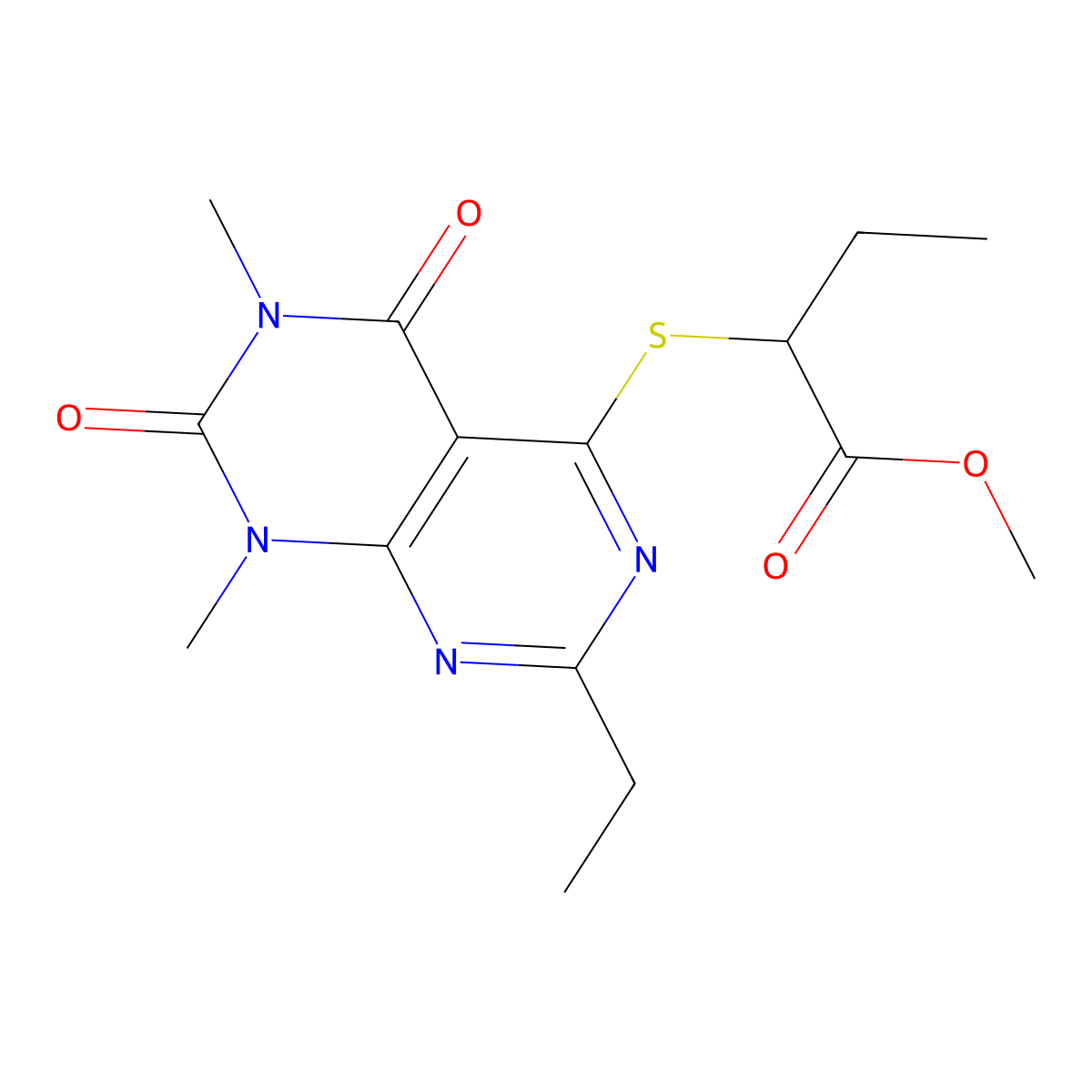 Methyl 2-((2-ethyl-6,8-dimethyl-5,7-dioxo-5,6,7,8-tetrahydropyrimido[4,5-d]pyrimidin-4-yl)thio)butanoate molecular structure, CAS 852170-61-7