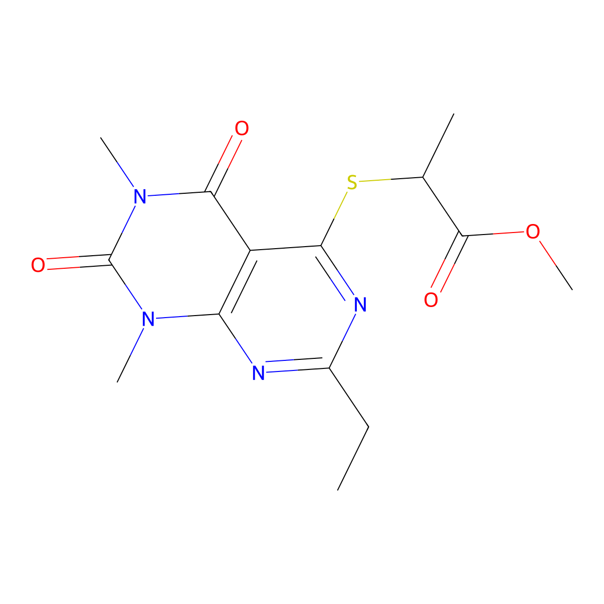 Methyl 2-((2-ethyl-6,8-dimethyl-5,7-dioxo-5,6,7,8-tetrahydropyrimido[4,5-d]pyrimidin-4-yl)thio)propanoate molecular structure, CAS 852170-63-9
