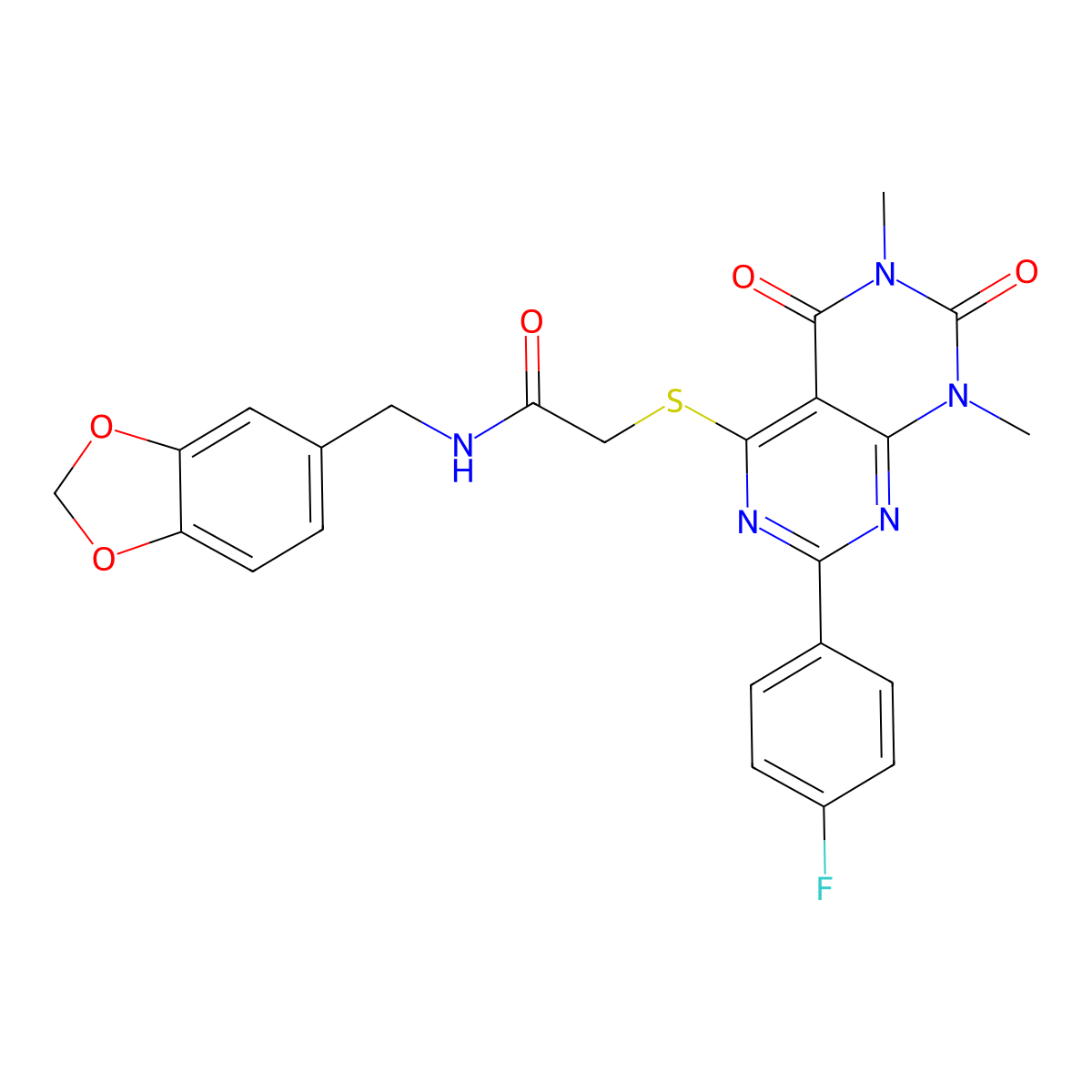 N-(1,3-benzodioxol-5-ylmethyl)-2-[7-(4-fluorophenyl)-1,3-dimethyl-2,4-dioxopyrimido[4,5-d]pyrimidin-5-yl]sulfanylacetamide molecular structure, CAS 852170-64-0