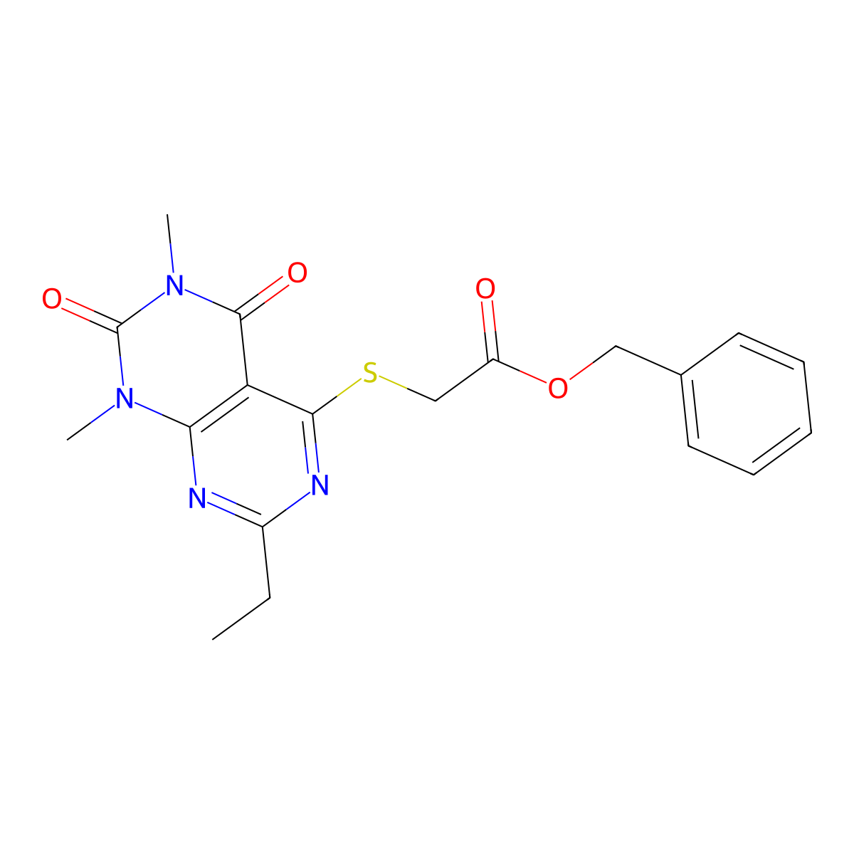 Benzyl 2-(7-ethyl-1,3-dimethyl-2,4-dioxopyrimido[4,5-d]pyrimidin-5-yl)sulfanylacetate molecular structure, CAS 852170-65-1