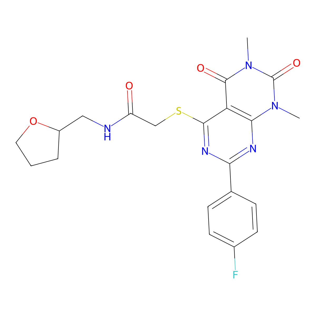 2-((2-(4-fluorophenyl)-6,8-dimethyl-5,7-dioxo-5,6,7,8-tetrahydropyrimido[4,5-d]pyrimidin-4-yl)thio)-N-((tetrahydrofuran-2-yl)methyl)acetamide molecular structure, CAS 852170-66-2