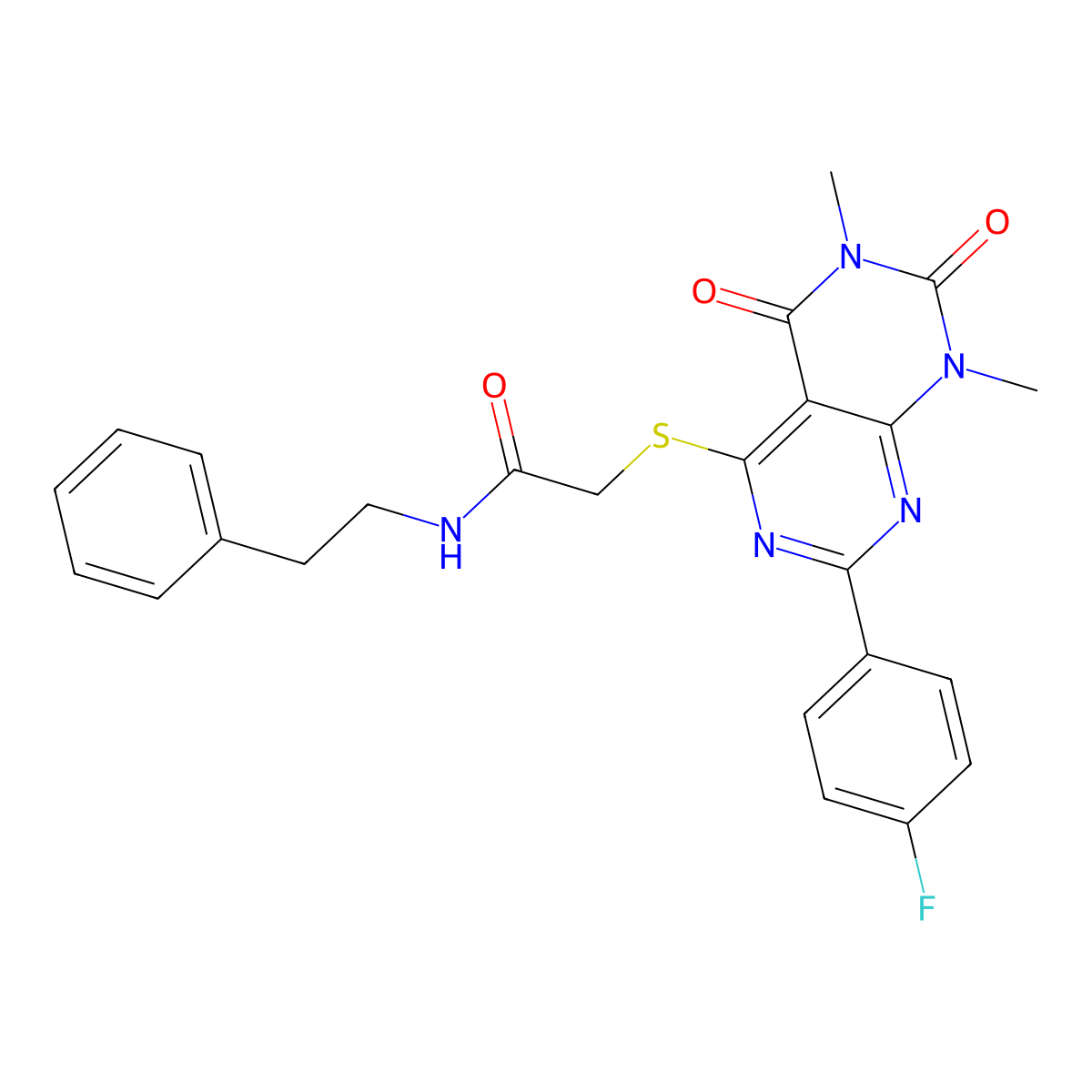 2-((2-(4-fluorophenyl)-6,8-dimethyl-5,7-dioxo-5,6,7,8-tetrahydropyrimido[4,5-d]pyrimidin-4-yl)thio)-N-phenethylacetamide molecular structure, CAS 852170-70-8