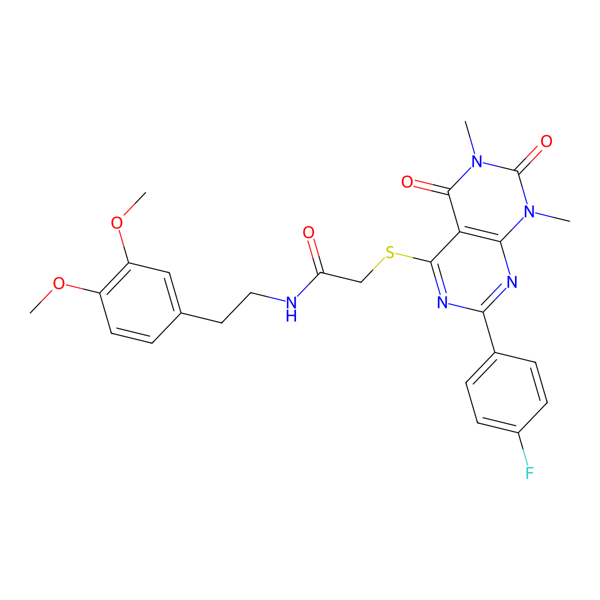 N-[2-(3,4-dimethoxyphenyl)ethyl]-2-{[2-(4-fluorophenyl)-6,8-dimethyl-5,7-dioxo-5H,6H,7H,8H-[1,3]diazino[4,5-d]pyrimidin-4-yl]sulfanyl}acetamide molecular structure, CAS 852170-73-1