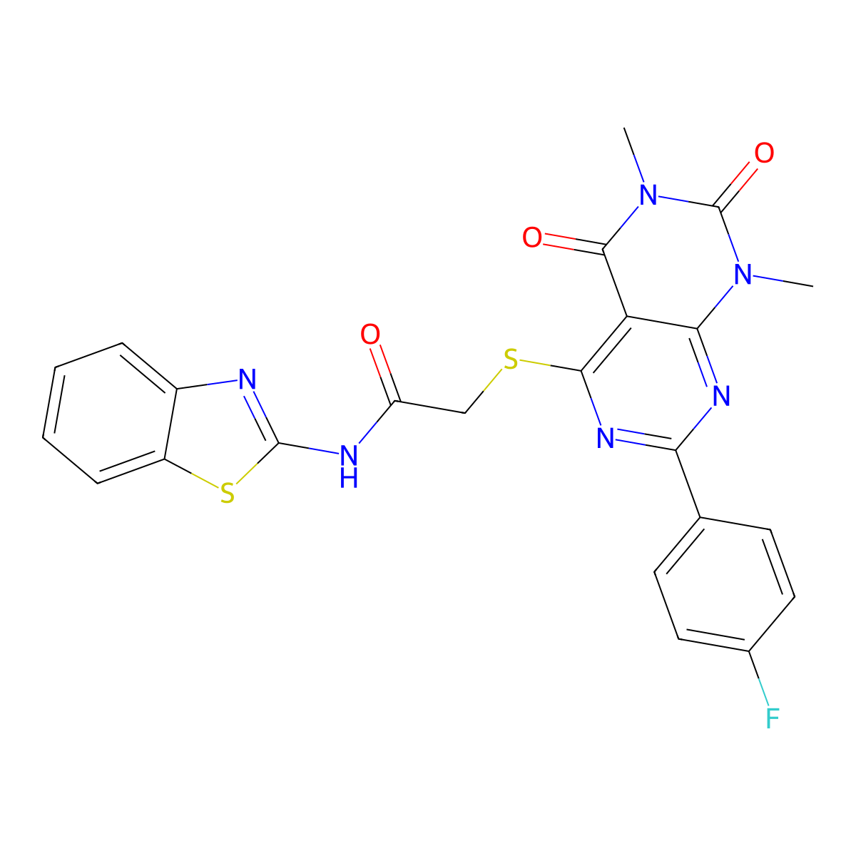 N-(benzo[d]thiazol-2-yl)-2-((2-(4-fluorophenyl)-6,8-dimethyl-5,7-dioxo-5,6,7,8-tetrahydropyrimido[4,5-d]pyrimidin-4-yl)thio)acetamide molecular structure, CAS 852170-75-3