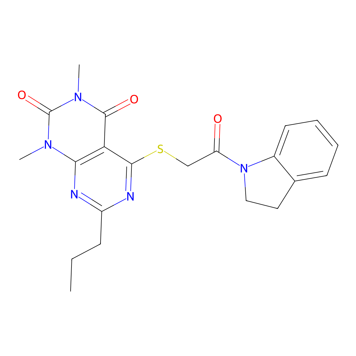 5-((2-(indolin-1-yl)-2-oxoethyl)thio)-1,3-dimethyl-7-propylpyrimido[4,5-d]pyrimidine-2,4(1H,3H)-dione molecular structure, CAS 852170-77-5