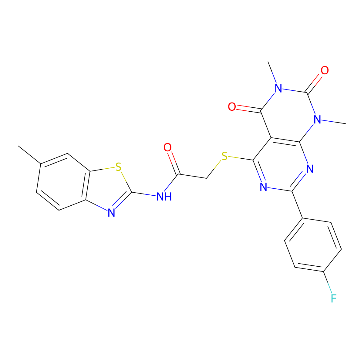 2-((2-(4-fluorophenyl)-6,8-dimethyl-5,7-dioxo-5,6,7,8-tetrahydropyrimido[4,5-d]pyrimidin-4-yl)thio)-N-(6-methylbenzo[d]thiazol-2-yl)acetamide molecular structure, CAS 852170-78-6