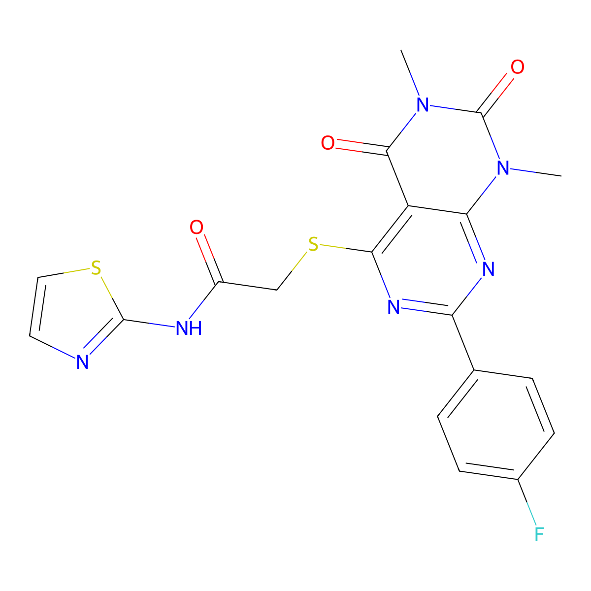 2-((2-(4-fluorophenyl)-6,8-dimethyl-5,7-dioxo-5,6,7,8-tetrahydropyrimido[4,5-d]pyrimidin-4-yl)thio)-N-(thiazol-2-yl)acetamide molecular structure, CAS 852170-81-1