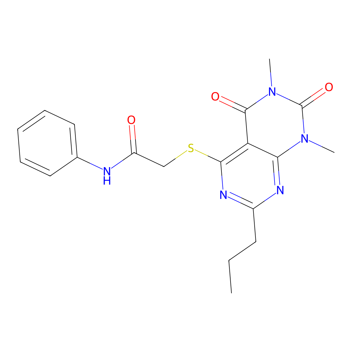 2-((6,8-dimethyl-5,7-dioxo-2-propyl-5,6,7,8-tetrahydropyrimido[4,5-d]pyrimidin-4-yl)thio)-N-phenylacetamide molecular structure, CAS 852170-82-2