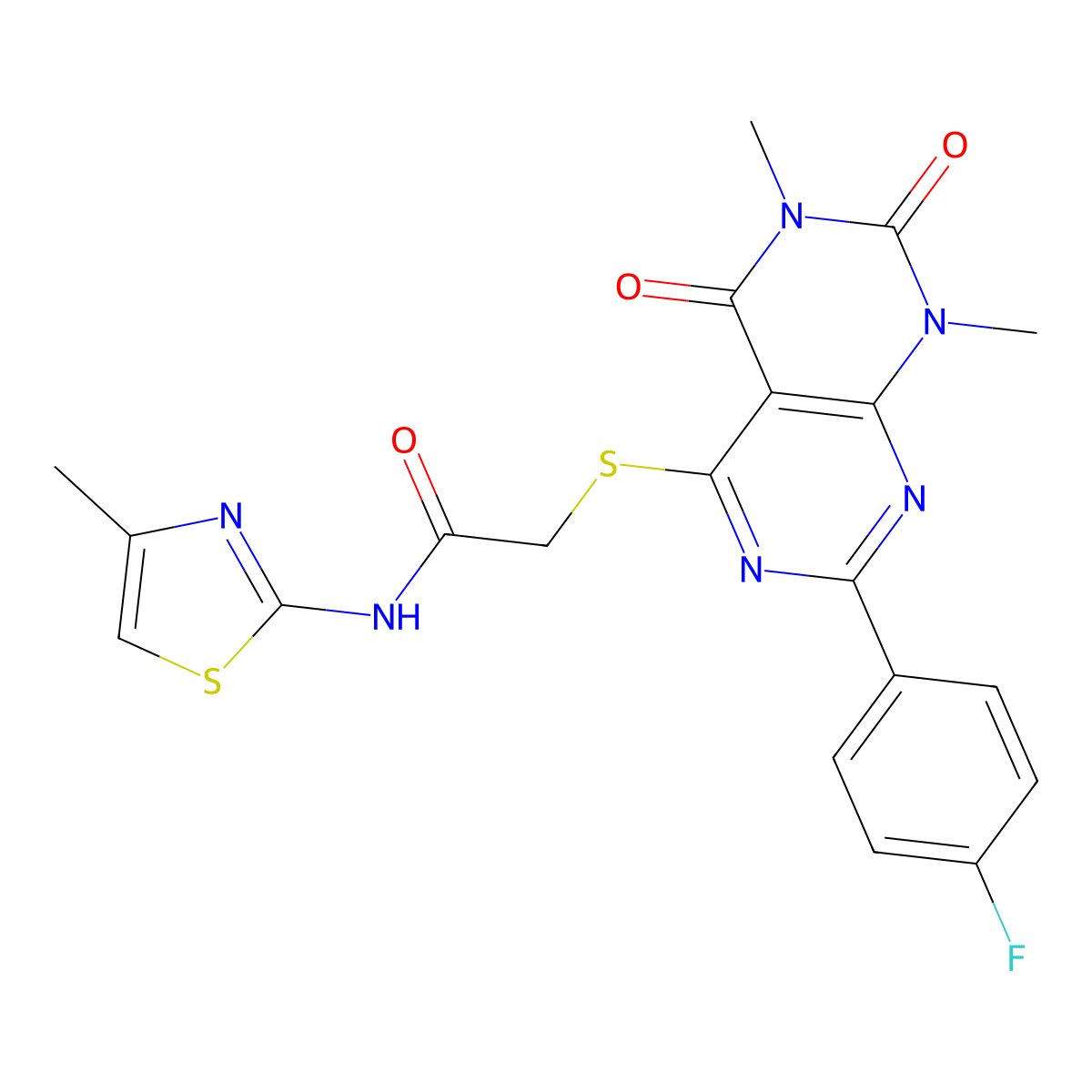 2-((2-(4-fluorophenyl)-6,8-dimethyl-5,7-dioxo-5,6,7,8-tetrahydropyrimido[4,5-d]pyrimidin-4-yl)thio)-N-(4-methylthiazol-2-yl)acetamide molecular structure, CAS 852170-83-3