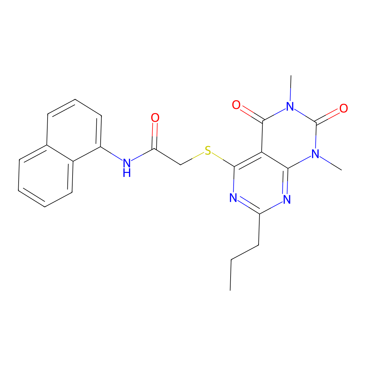 2-({6,8-dimethyl-5,7-dioxo-2-propyl-5H,6H,7H,8H-[1,3]diazino[4,5-d]pyrimidin-4-yl}sulfanyl)-N-(naphthalen-1-yl)acetamide molecular structure, CAS 852170-84-4