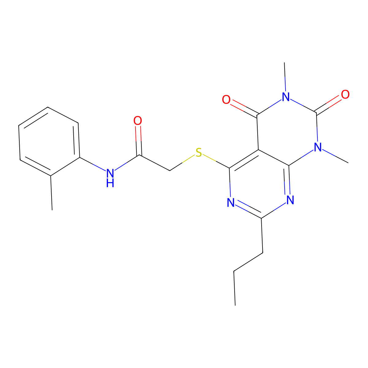 2-((6,8-dimethyl-5,7-dioxo-2-propyl-5,6,7,8-tetrahydropyrimido[4,5-d]pyrimidin-4-yl)thio)-N-(o-tolyl)acetamide molecular structure, CAS 852170-86-6