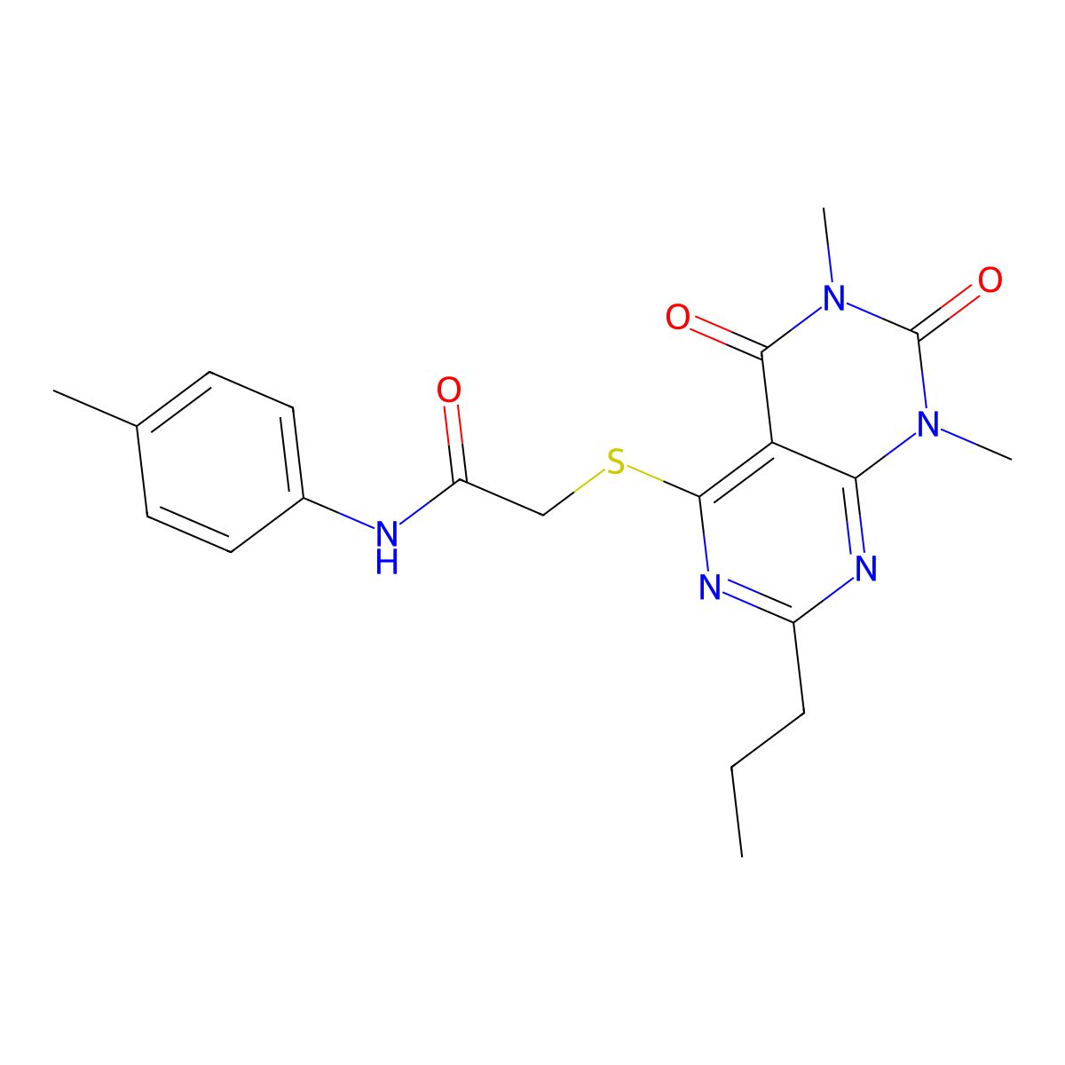 2-((6,8-dimethyl-5,7-dioxo-2-propyl-5,6,7,8-tetrahydropyrimido[4,5-d]pyrimidin-4-yl)thio)-N-(p-tolyl)acetamide molecular structure, CAS 852170-88-8