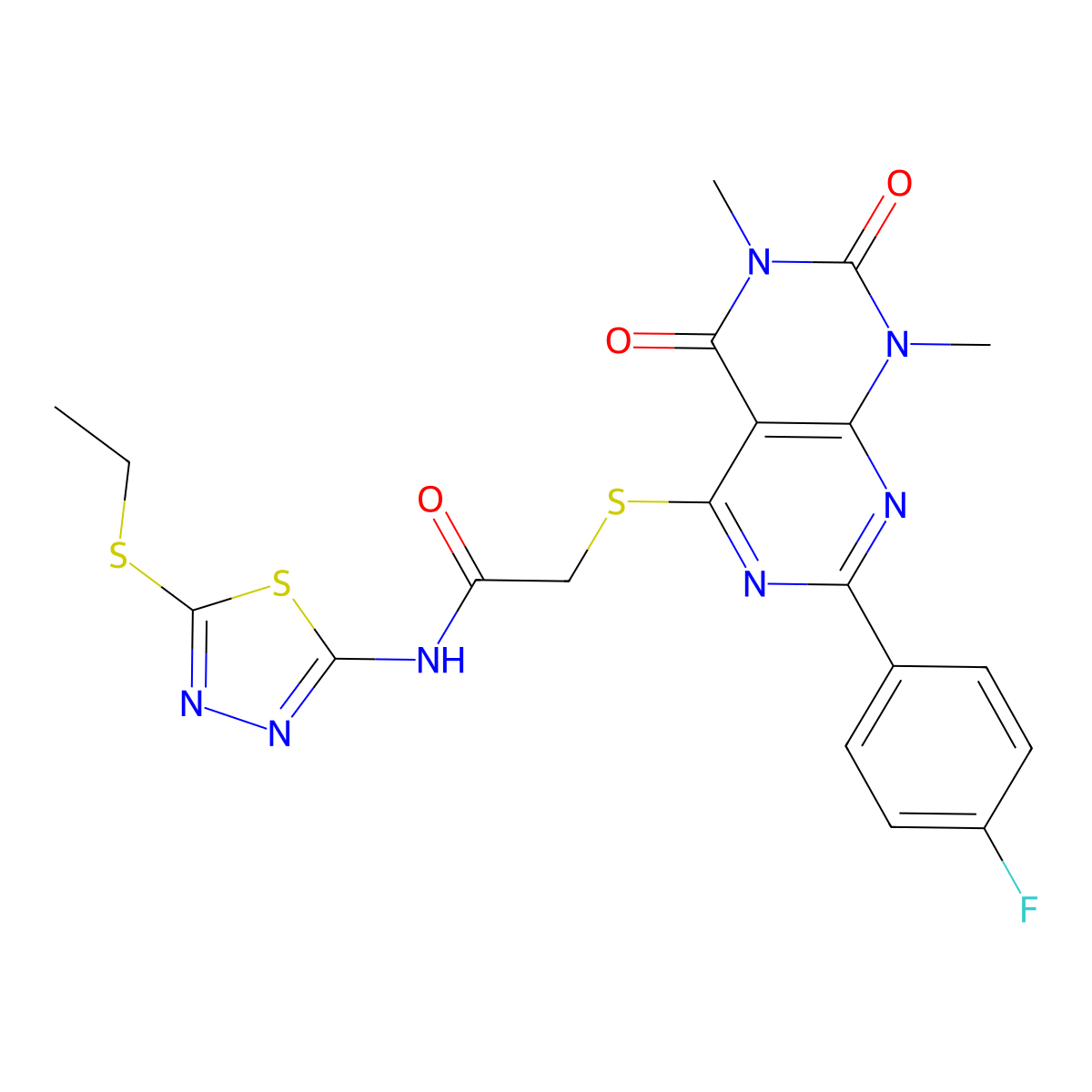 N-(5-(ethylthio)-1,3,4-thiadiazol-2-yl)-2-((2-(4-fluorophenyl)-6,8-dimethyl-5,7-dioxo-5,6,7,8-tetrahydropyrimido[4,5-d]pyrimidin-4-yl)thio)acetamide molecular structure, CAS 852170-89-9