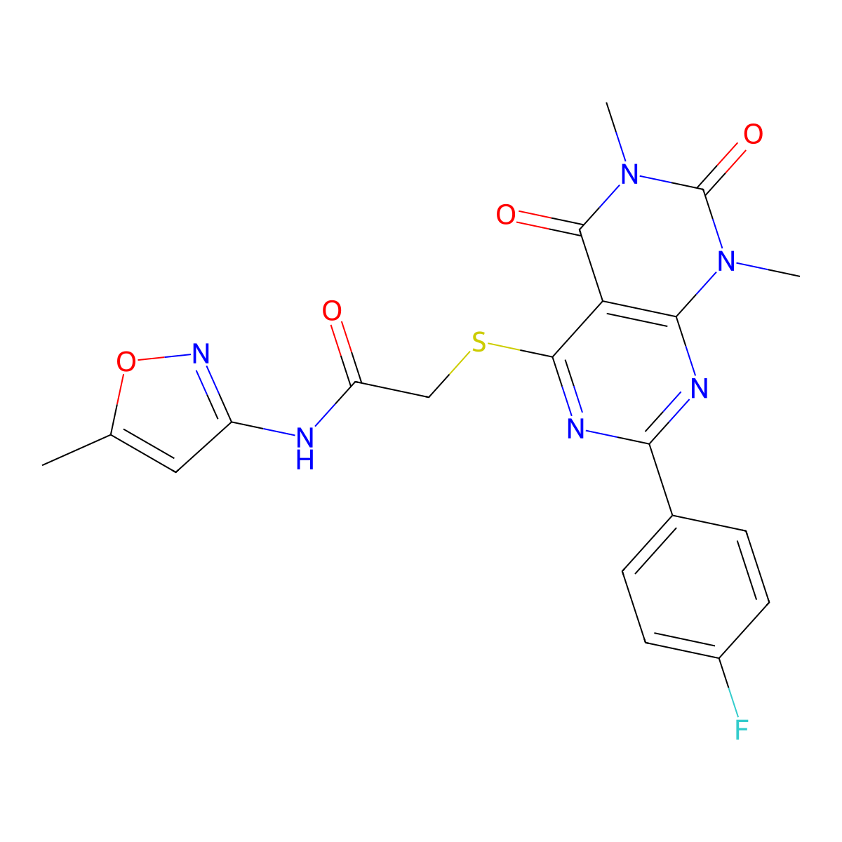 2-[7-(4-fluorophenyl)-1,3-dimethyl-2,4-dioxopyrimido[4,5-d]pyrimidin-5-yl]sulfanyl-N-(5-methyl-1,2-oxazol-3-yl)acetamide molecular structure, CAS 852170-91-3