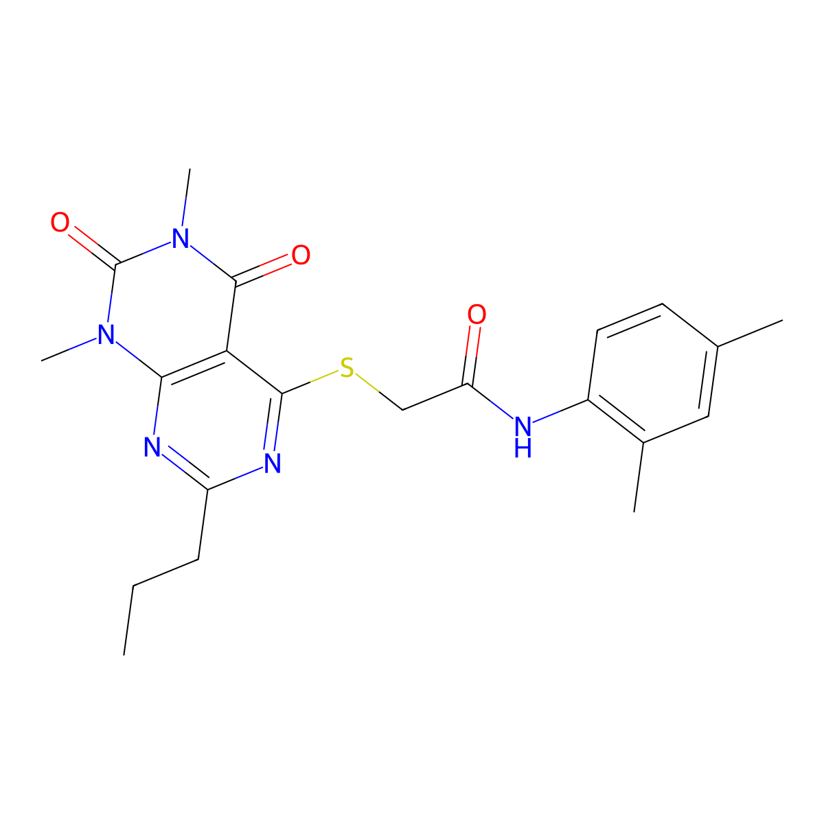2-((6,8-dimethyl-5,7-dioxo-2-propyl-5,6,7,8-tetrahydropyrimido[4,5-d]pyrimidin-4-yl)thio)-N-(2,4-dimethylphenyl)acetamide molecular structure, CAS 852170-94-6