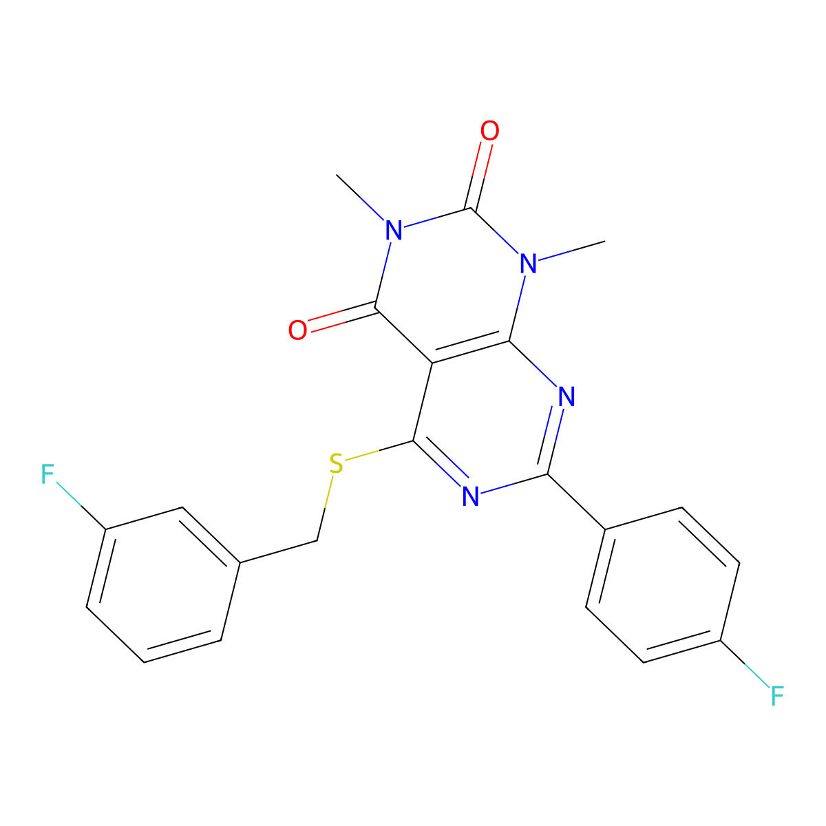 5-((3-fluorobenzyl)thio)-7-(4-fluorophenyl)-1,3-dimethylpyrimido[4,5-d]pyrimidine-2,4(1H,3H)-dione molecular structure, CAS 852170-95-7