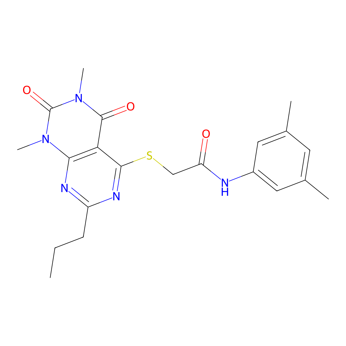 2-((6,8-dimethyl-5,7-dioxo-2-propyl-5,6,7,8-tetrahydropyrimido[4,5-d]pyrimidin-4-yl)thio)-N-(3,5-dimethylphenyl)acetamide molecular structure, CAS 852170-96-8