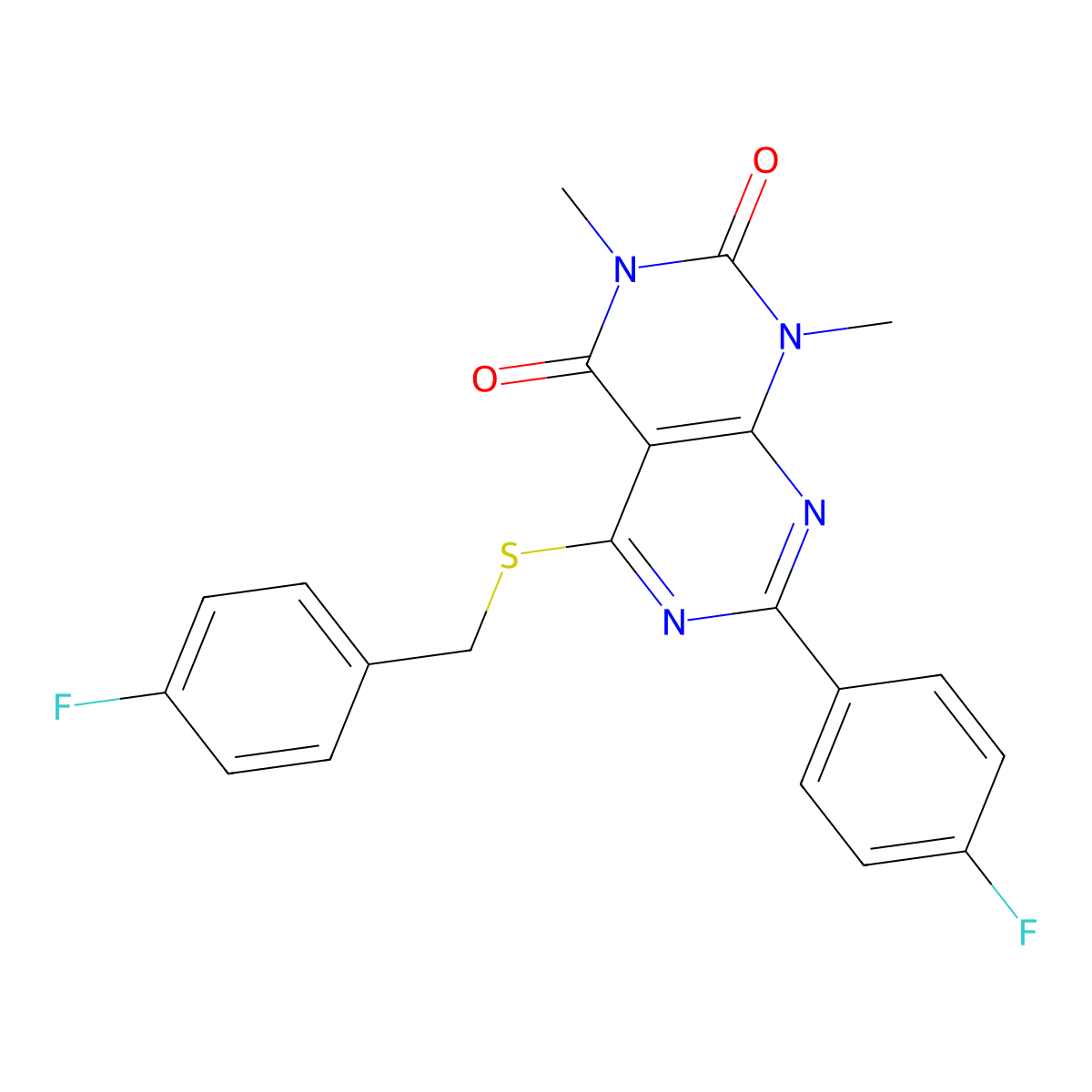 5-((4-fluorobenzyl)thio)-7-(4-fluorophenyl)-1,3-dimethylpyrimido[4,5-d]pyrimidine-2,4(1H,3H)-dione molecular structure, CAS 852170-97-9