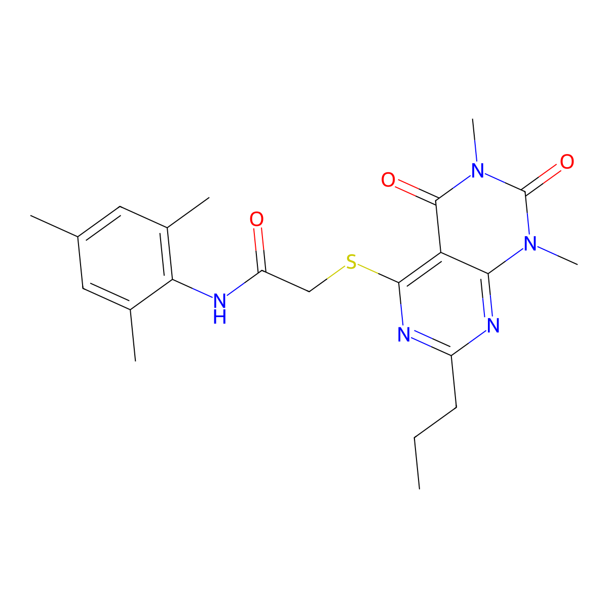 2-((6,8-dimethyl-5,7-dioxo-2-propyl-5,6,7,8-tetrahydropyrimido[4,5-d]pyrimidin-4-yl)thio)-N-mesitylacetamide molecular structure, CAS 852170-98-0