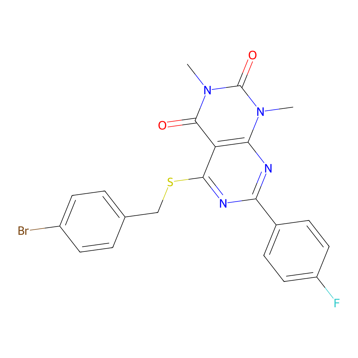 5-((4-bromobenzyl)thio)-7-(4-fluorophenyl)-1,3-dimethylpyrimido[4,5-d]pyrimidine-2,4(1H,3H)-dione molecular structure, CAS 852170-99-1