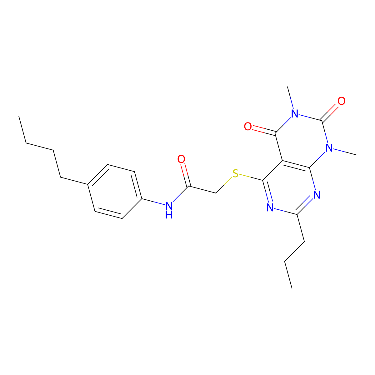 N-(4-butylphenyl)-2-((6,8-dimethyl-5,7-dioxo-2-propyl-5,6,7,8-tetrahydropyrimido[4,5-d]pyrimidin-4-yl)thio)acetamide molecular structure, CAS 852171-00-7