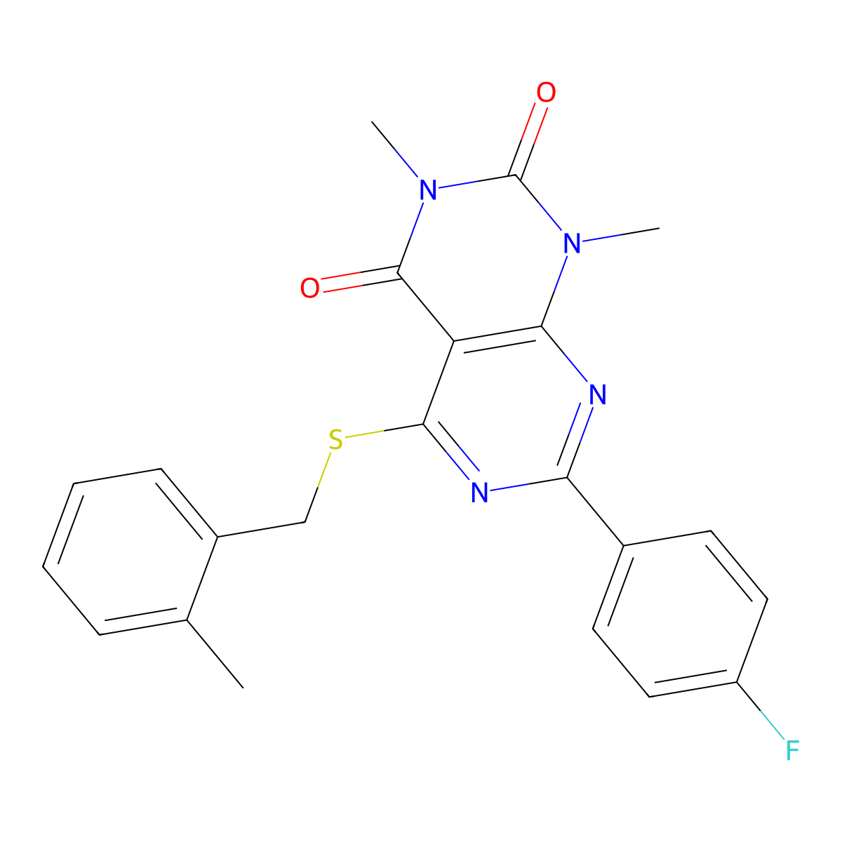 7-(4-fluorophenyl)-1,3-dimethyl-5-((2-methylbenzyl)thio)pyrimido[4,5-d]pyrimidine-2,4(1H,3H)-dione molecular structure, CAS 852171-01-8