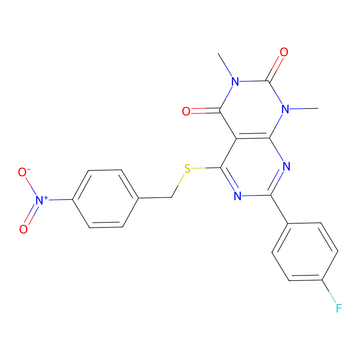 7-(4-Fluorophenyl)-1,3-dimethyl-5-[(4-nitrophenyl)methylsulfanyl]pyrimido[4,5-d]pyrimidine-2,4-dione molecular structure, CAS 852171-03-0