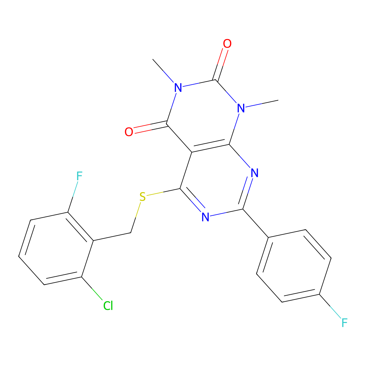 5-((2-chloro-6-fluorobenzyl)thio)-7-(4-fluorophenyl)-1,3-dimethylpyrimido[4,5-d]pyrimidine-2,4(1H,3H)-dione molecular structure, CAS 852171-05-2