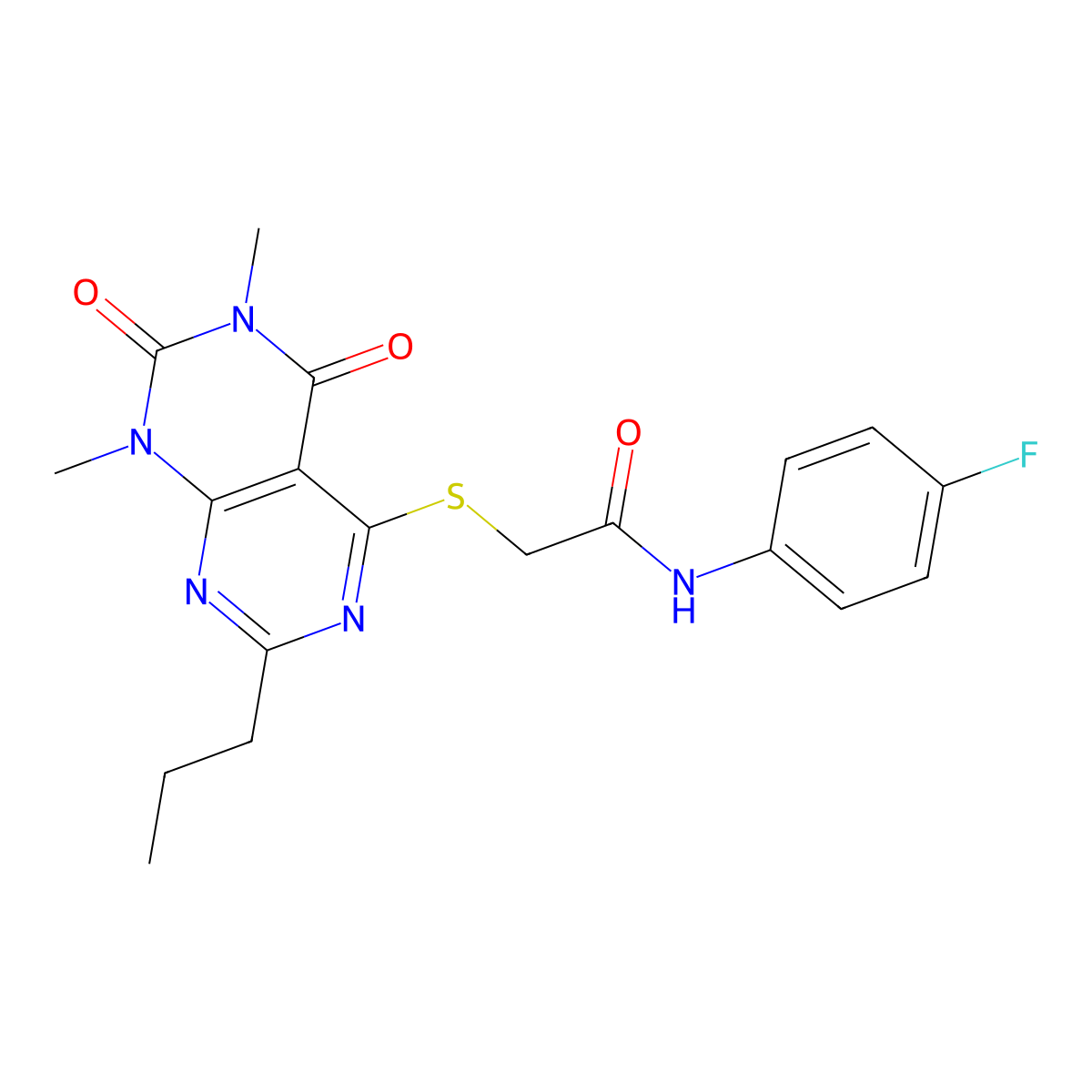2-((6,8-dimethyl-5,7-dioxo-2-propyl-5,6,7,8-tetrahydropyrimido[4,5-d]pyrimidin-4-yl)thio)-N-(4-fluorophenyl)acetamide molecular structure, CAS 852171-06-3
