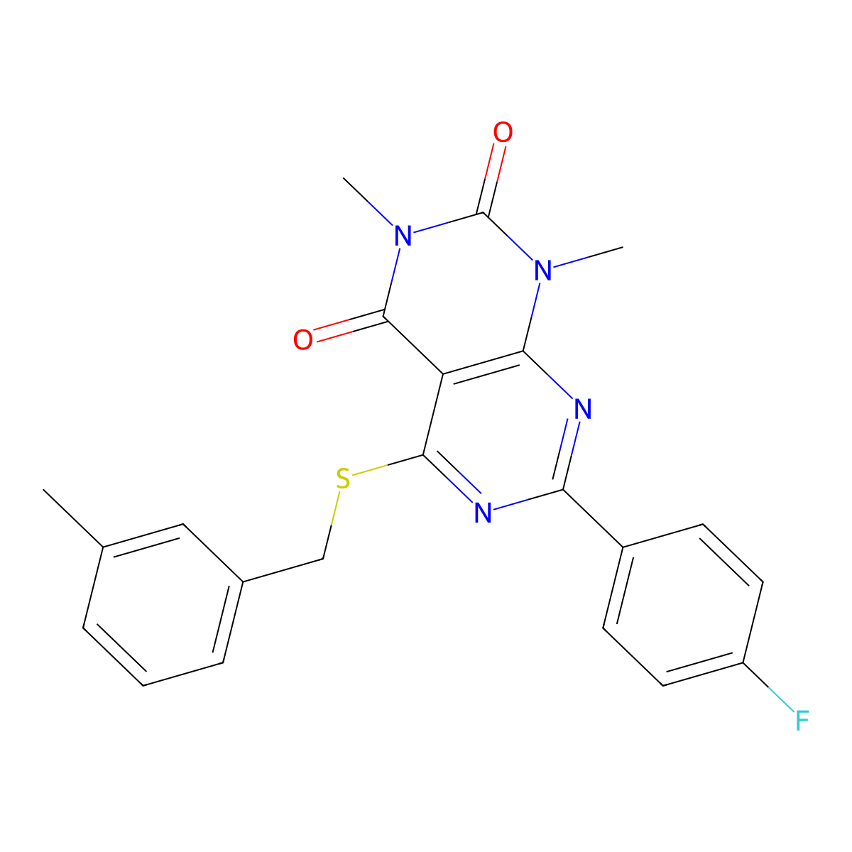 7-(4-fluorophenyl)-1,3-dimethyl-5-((3-methylbenzyl)thio)pyrimido[4,5-d]pyrimidine-2,4(1H,3H)-dione molecular structure, CAS 852171-07-4