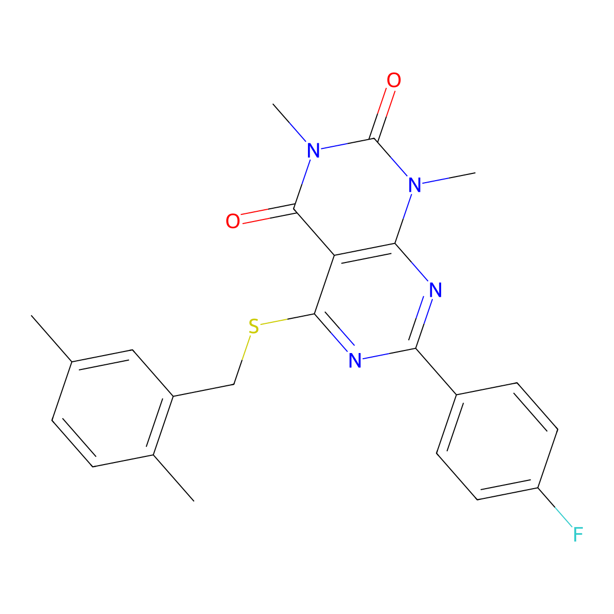 5-((2,5-dimethylbenzyl)thio)-7-(4-fluorophenyl)-1,3-dimethylpyrimido[4,5-d]pyrimidine-2,4(1H,3H)-dione molecular structure, CAS 852171-09-6