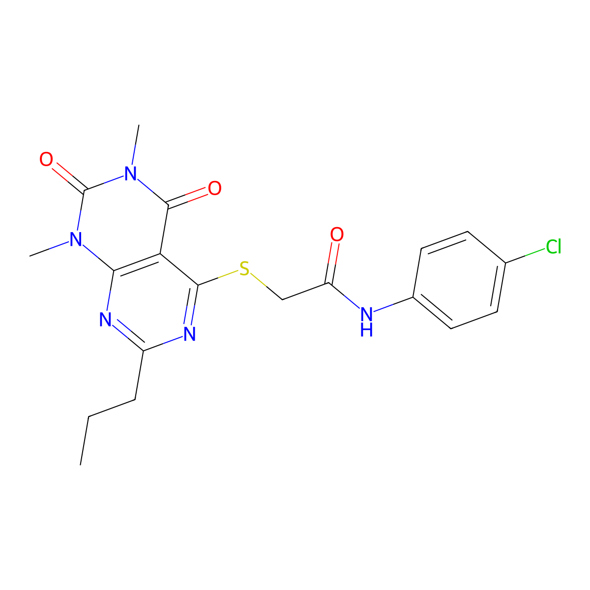 N-(4-chlorophenyl)-2-((6,8-dimethyl-5,7-dioxo-2-propyl-5,6,7,8-tetrahydropyrimido[4,5-d]pyrimidin-4-yl)thio)acetamide molecular structure, CAS 852171-10-9
