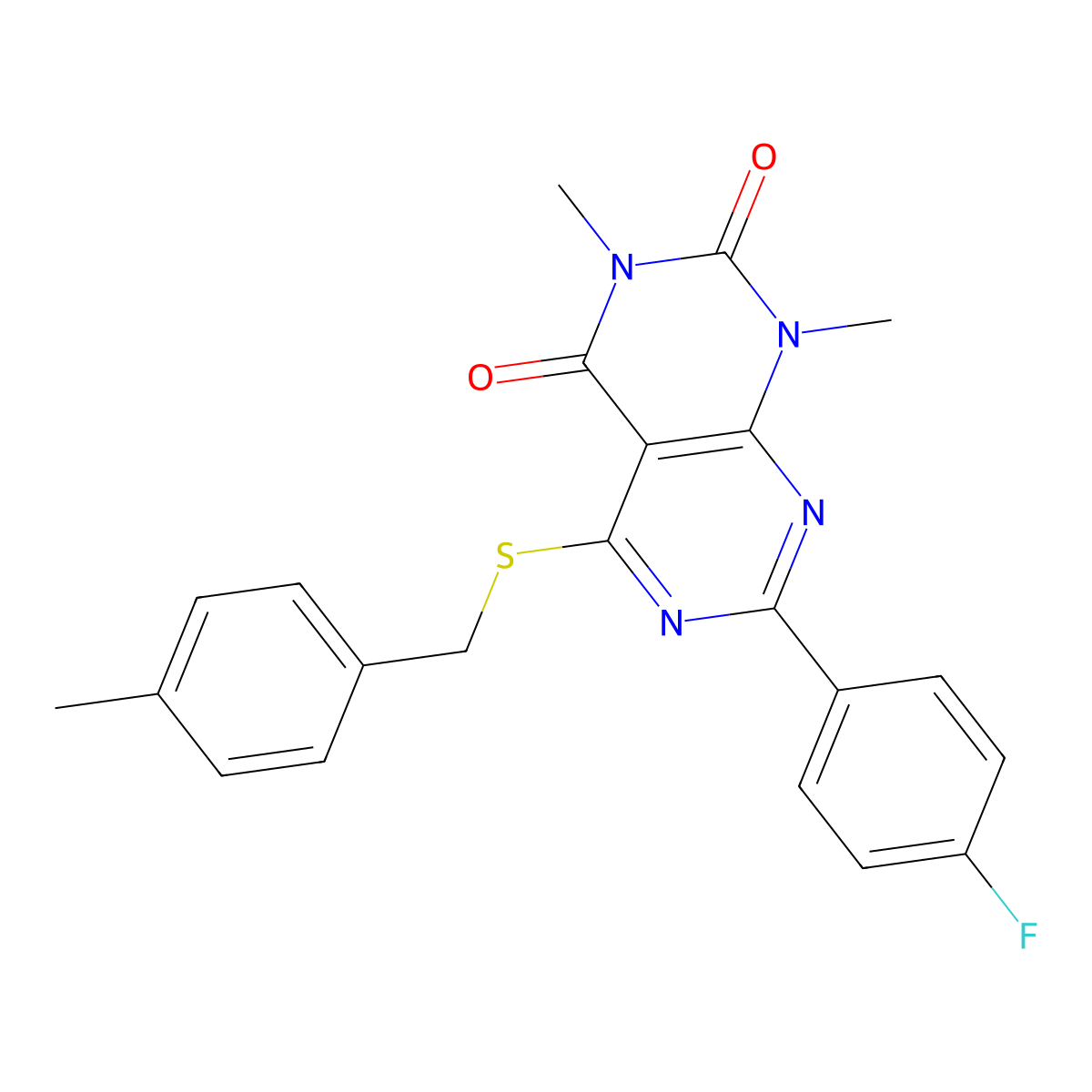 7-(4-fluorophenyl)-1,3-dimethyl-5-((4-methylbenzyl)thio)pyrimido[4,5-d]pyrimidine-2,4(1H,3H)-dione molecular structure, CAS 852171-11-0