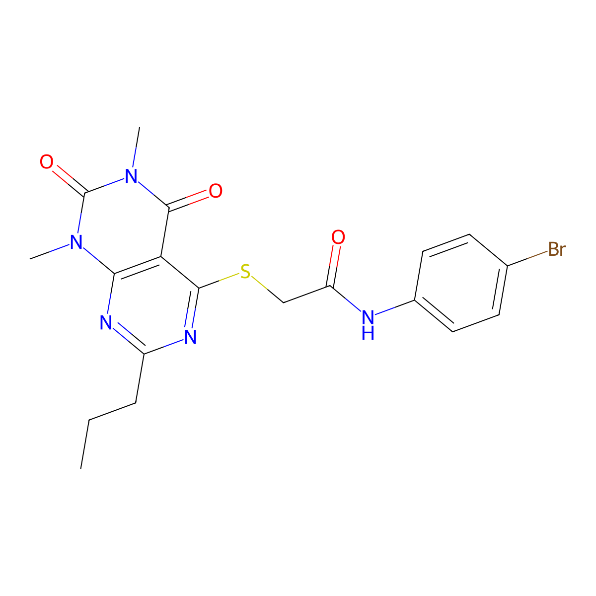 N-(4-bromophenyl)-2-((6,8-dimethyl-5,7-dioxo-2-propyl-5,6,7,8-tetrahydropyrimido[4,5-d]pyrimidin-4-yl)thio)acetamide molecular structure, CAS 852171-12-1
