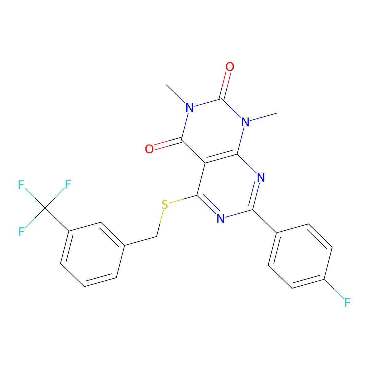 7-(4-fluorophenyl)-1,3-dimethyl-5-((3-(trifluoromethyl)benzyl)thio)pyrimido[4,5-d]pyrimidine-2,4(1H,3H)-dione molecular structure, CAS 852171-13-2