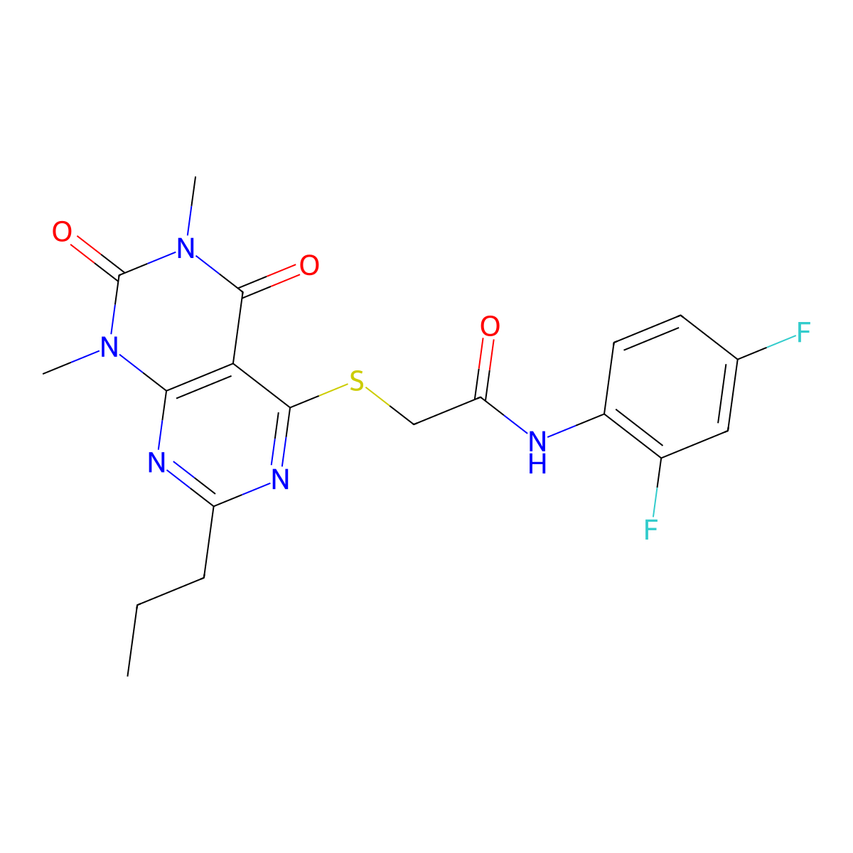 N-(2,4-difluorophenyl)-2-((6,8-dimethyl-5,7-dioxo-2-propyl-5,6,7,8-tetrahydropyrimido[4,5-d]pyrimidin-4-yl)thio)acetamide molecular structure, CAS 852171-14-3